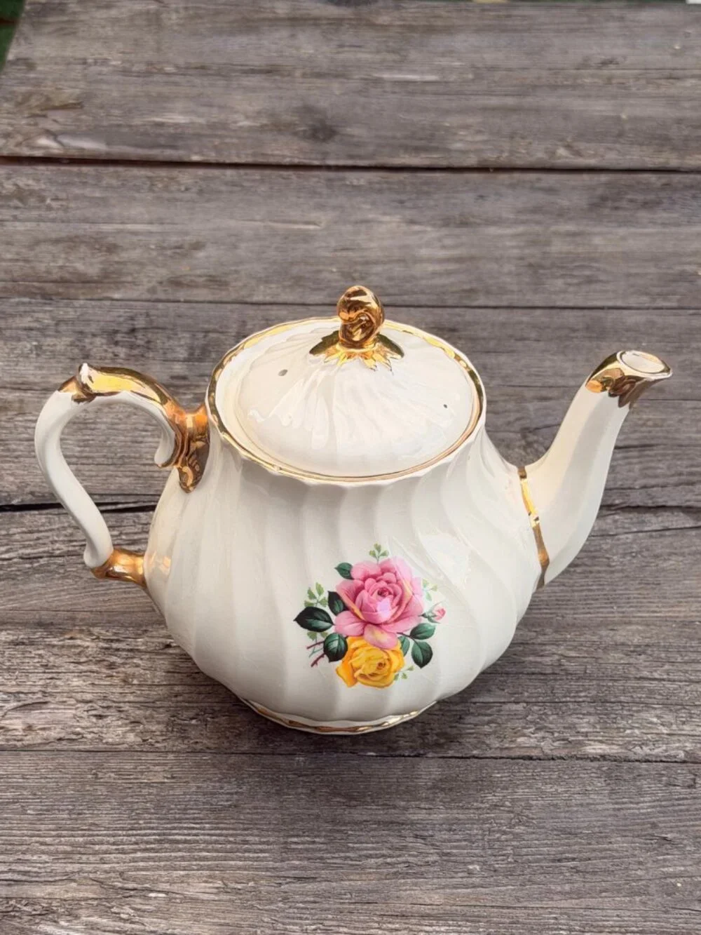 Vintage James Sadler Teapot Cabbage Rose Floral England Gold Trim Garden